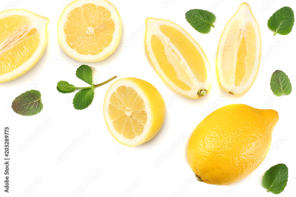 healthy food. sliced lemon with green leaf isolated on white background top view