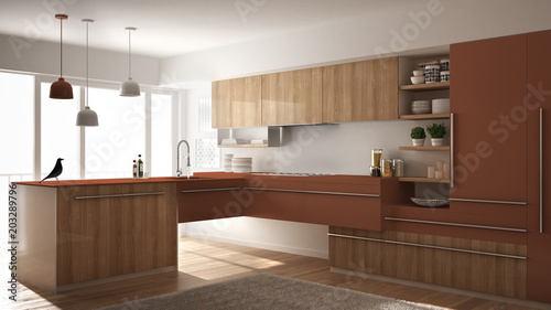 Modern minimalistic wooden kitchen with parquet floor, carpet and panoramic window, white and red architecture interior design