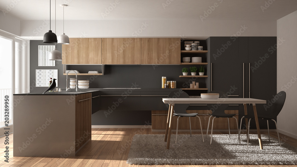 Modern minimalistic wooden kitchen with dining table, carpet and panoramic window, white and grey architecture interior design Modern minimalistic wooden kitchen with dining table, carpet and panoramic window, white and grey architecture interior design