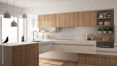 Modern minimalistic wooden kitchen with parquet floor, carpet and panoramic window, white architecture interior design