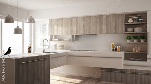 Modern minimalistic wooden kitchen with parquet floor, carpet and panoramic window, white architecture interior design