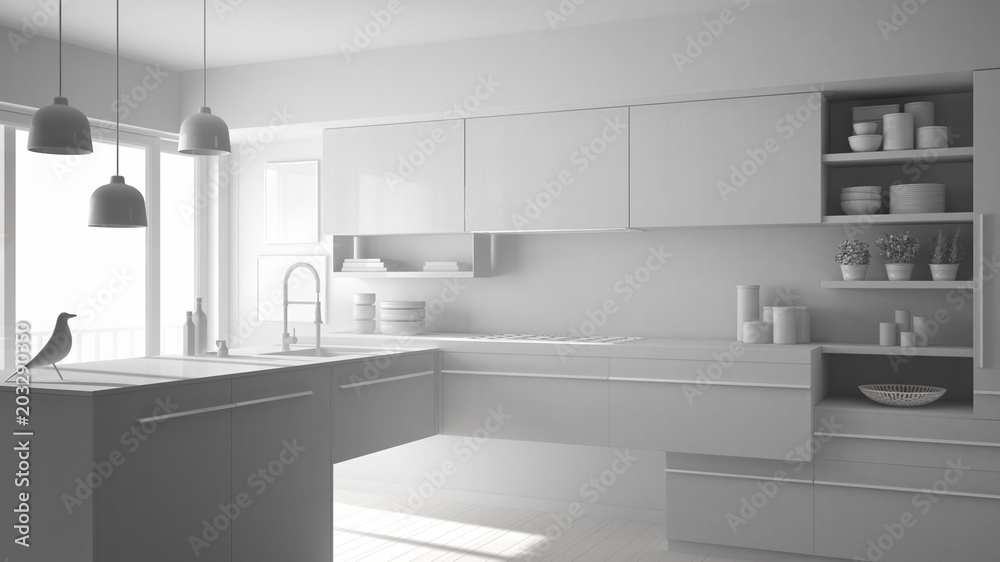Total white project of modern minimalistic kitchen with island, carpet and panoramic window, architecture interior design