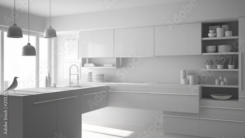 Total white project of modern minimalistic kitchen with island  carpet and panoramic window  architecture interior design