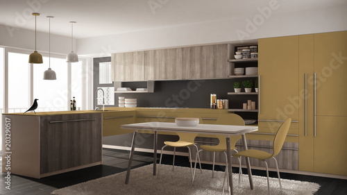 Modern minimalistic wooden kitchen with dining table, carpet and panoramic window, gray and yellow architecture interior design