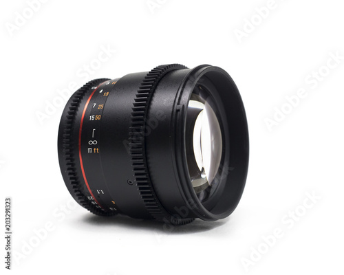 Camera lense pictured from an angle and isolated on white background