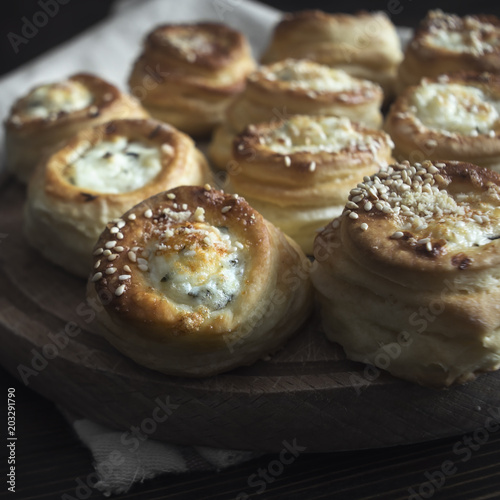 Delicious freshly baked pastry filled with cheese, from above