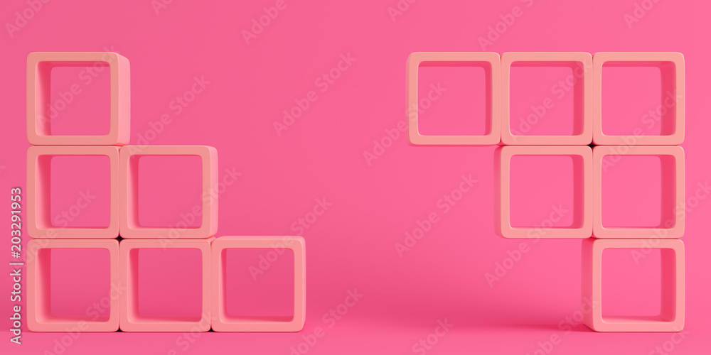 Empty square shelfs on bright pink background in pastel colors Empty square shelfs on bright pink background in pastel colors