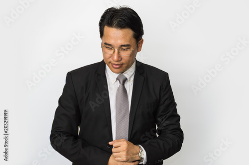 Young businessmen make gestures on a white background.