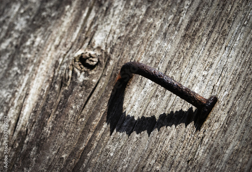 one bent rusty nail with a shadow