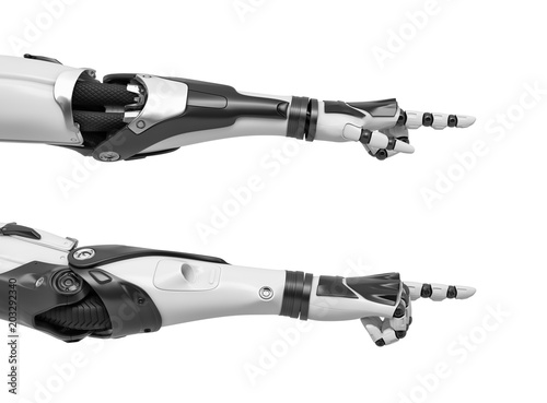 3d rendering of set of two black and white robotic hands with the pointing fingers sticking out from the fists.
