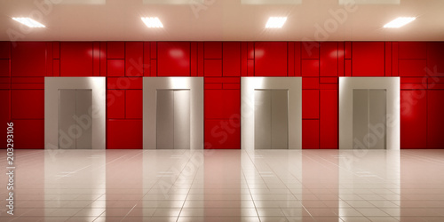Closed chrome metal office red building elevator doors 3d rendering image