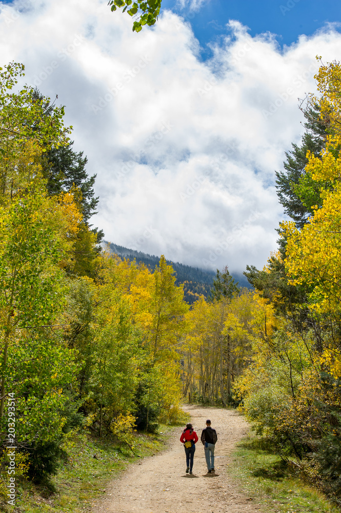 couple hiking in the aspens sangre de cristo mountains santa fe nm