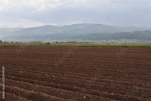 Plowed field, spring agricultural work, agriculture industry, Samokov valley, Bulgaria