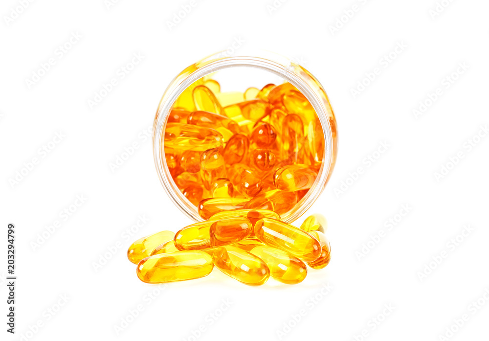 Omega 3 capsules from Fish Oil on white background Omega 3 capsules from Fish Oil on white background
