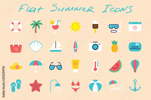 Flat summer icons set on color background