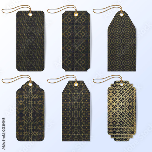 Labels with golden pattern, template vintage set of arabic style backgrounds for design labels. Vector stock image illustration