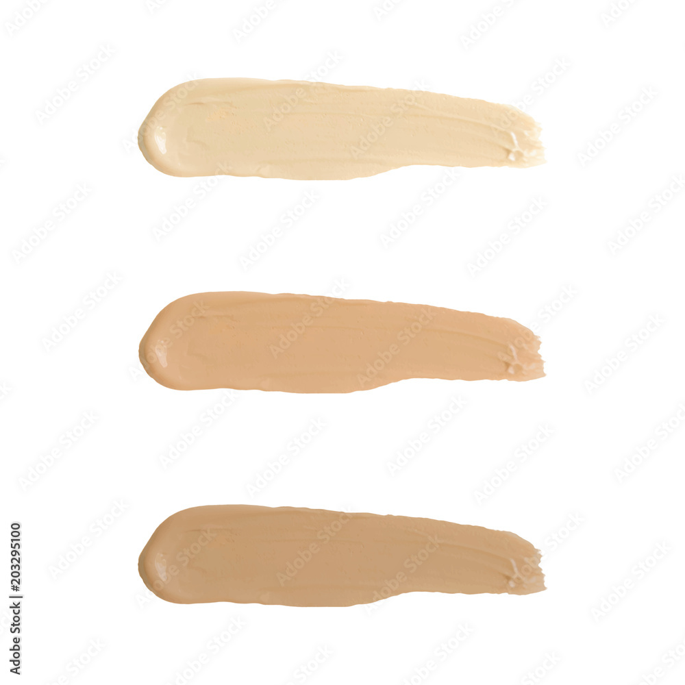 Liquid foundation tone smudge. Set concealer smear cosmetic cream isolated on white background, brown stroke texture. Makeup Vector Liquid foundation tone smudge. Set concealer smear cosmetic cream isolated on white background, brown stroke texture. Makeup Vector