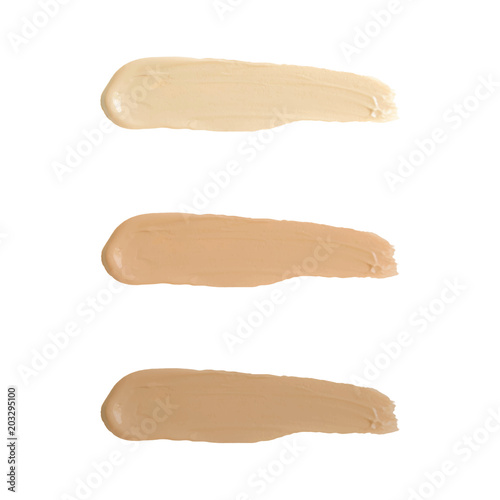 Liquid foundation tone smudge. Set concealer smear cosmetic cream isolated on white background, brown stroke texture. Makeup Vector