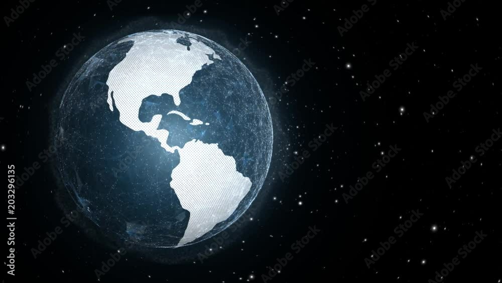 Futuristic Earth planet with dots motion on digital cyberspace background. View from space. 