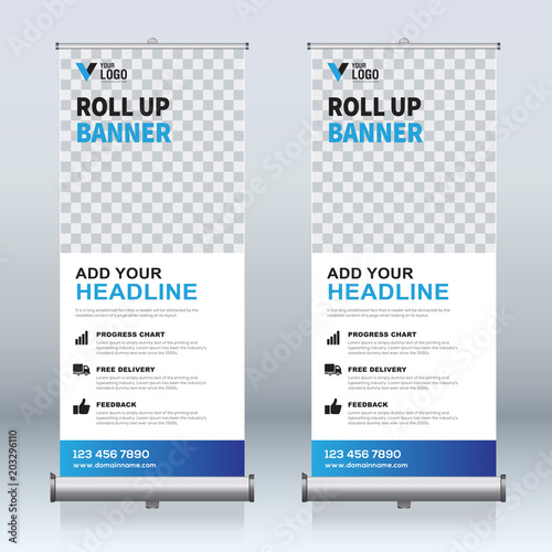 Roll up banner design template, vertical, abstract background, pull up design, modern x-banner, rectangle size. 