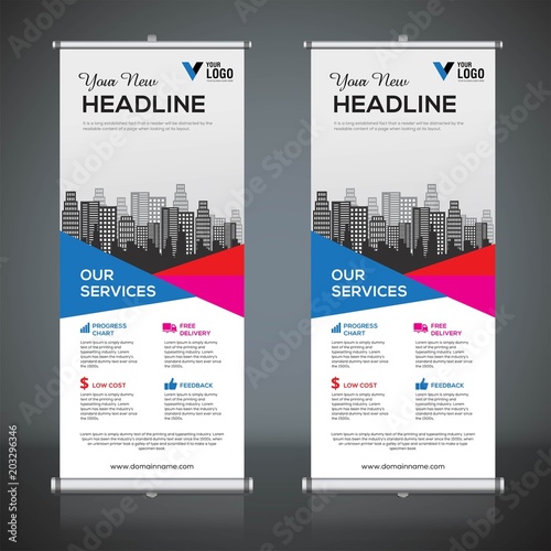 Roll up banner design template, vertical, abstract background, pull up design, modern x-banner, rectangle size. 