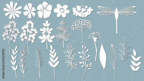 flowers, leaves, dragonfly for decoration. Laser cutting and plotter. Stickers