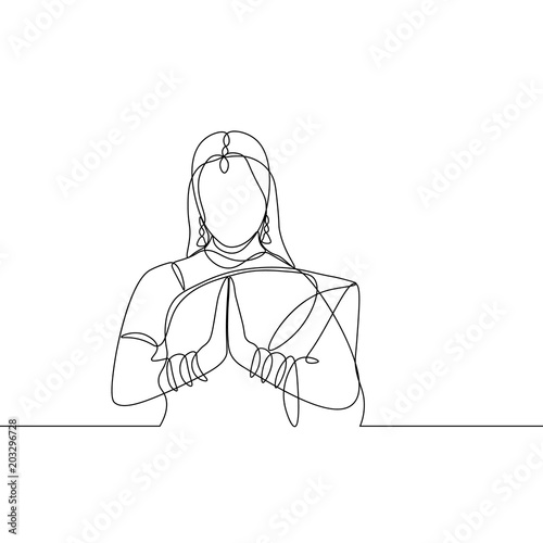 vector continuous line drawing. woman in Indian dress. Namaste sign