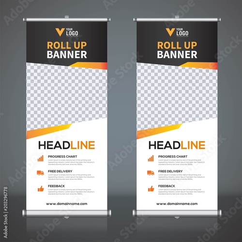 Roll up banner design template, vertical, abstract background, pull up design, modern x-banner, rectangle size. 