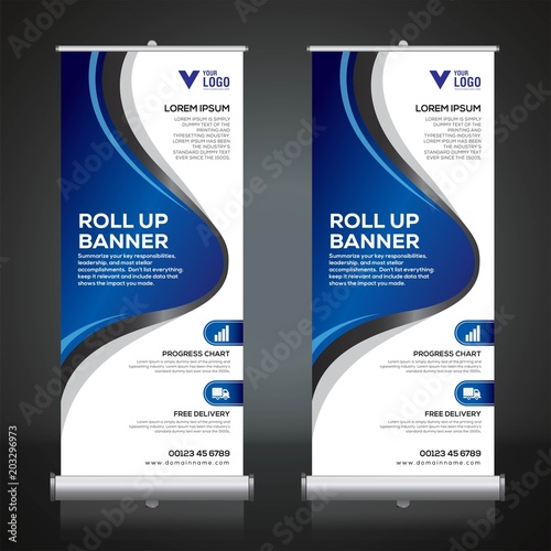 Roll up banner design template, vertical, abstract background, pull up design, modern x-banner, rectangle size. 