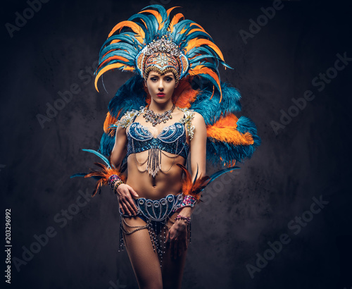 Studio portrait of a sexy female in a colorful sumptuous carnival feather suit. Isolated on a dark background.