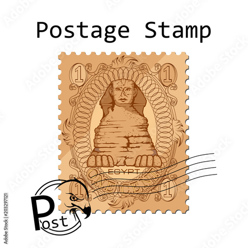 Egypt Postage Stamp on white background. egyptian sphinx stamp. Monument in egypt. Vector graphics to design.