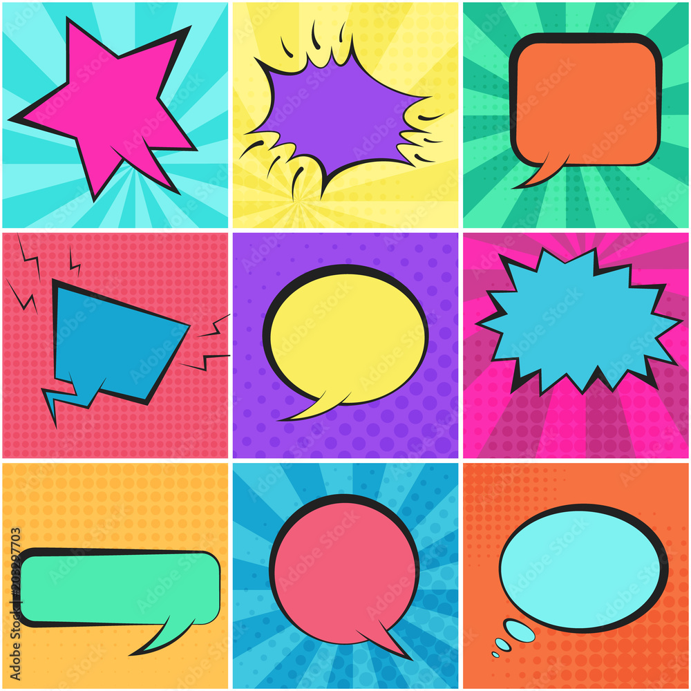 Big set of colorful retro comic speech bubbles on dotted and striped ...