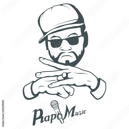 Rap music logo. Rapper skull on white background. Lettering with a microphone. Vector graphics to design.