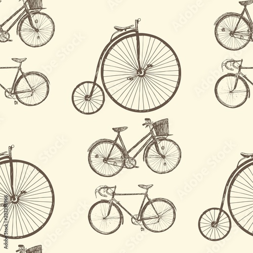 Set of seamless patterns with vintage bicycles