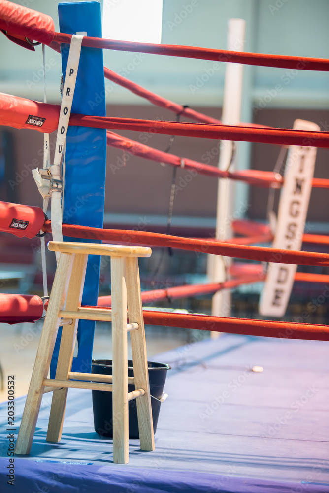 Empty boxing ring with red ropes for match Empty boxing ring with red ropes for match