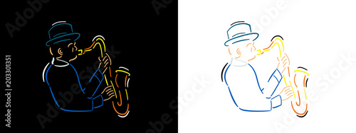 Jazz musician illustration in line art style on black background and white background. Jazzman color vector line art illustration.