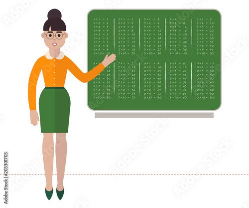 Strict teacher in glasses is showing multiplication table on green school board. Flat style vector illustration on back to school topic. Isolated on white background