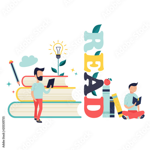 Studying concept with bright characters and elements.
