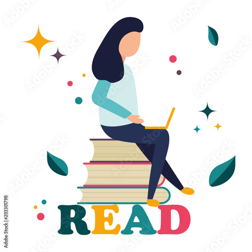 Reading concept with characters and books.