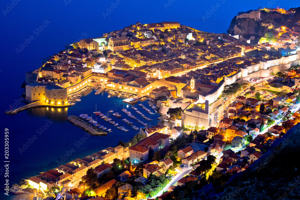Historic town of Dubrovnik aerial evening view