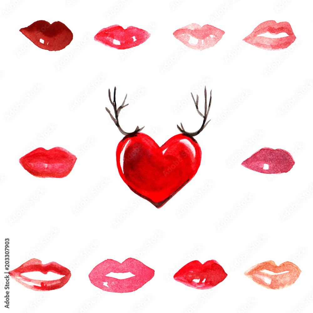kisses red lipstick glitter lips red scarlet pink terracotta love romance girl fashion watercolor isolated on white background set Stock Illustration | Stock