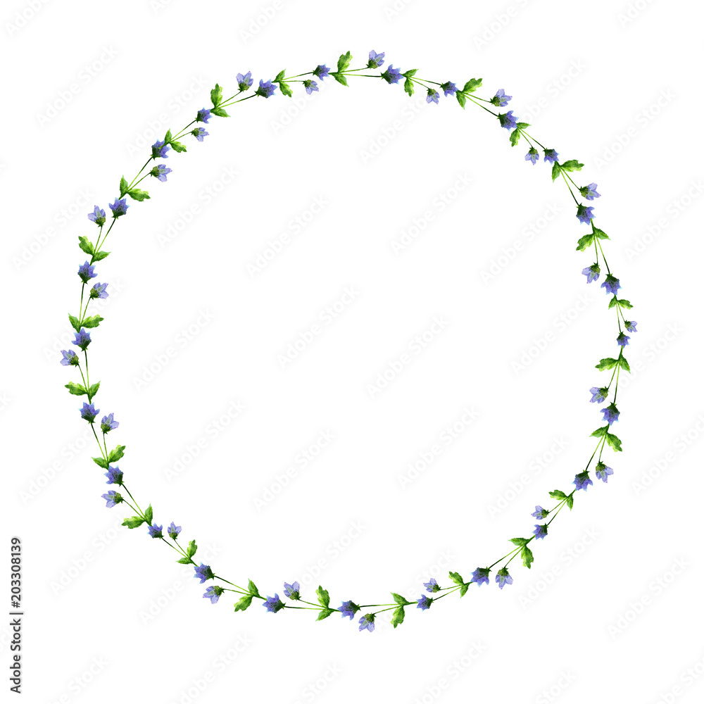 watercolor blue cute flowers small shades of greens nature painted wreath isolated on white background