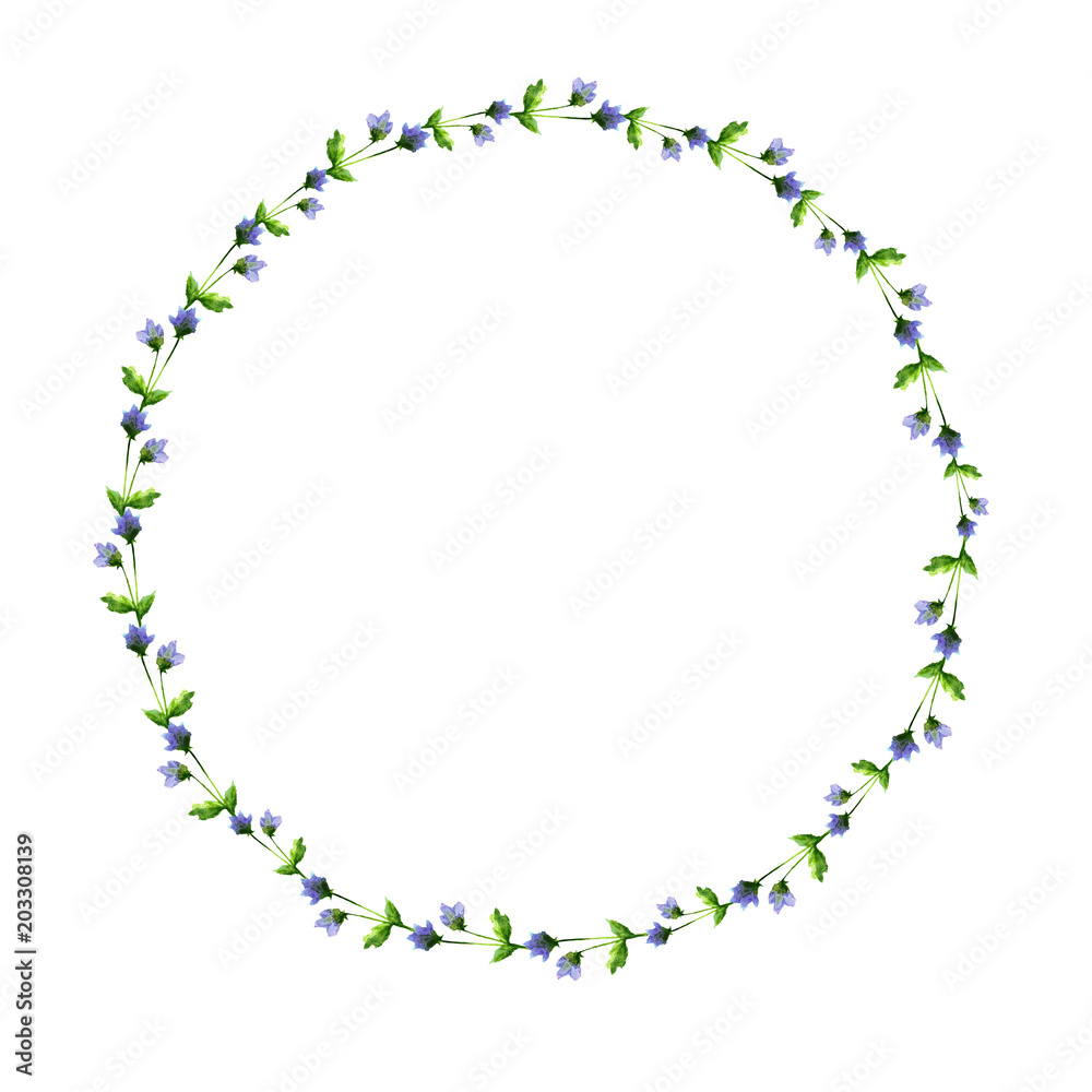 watercolor blue cute flowers small shades of greens nature painted wreath isolated on white background watercolor blue cute flowers small shades of greens nature painted wreath isolated on white background