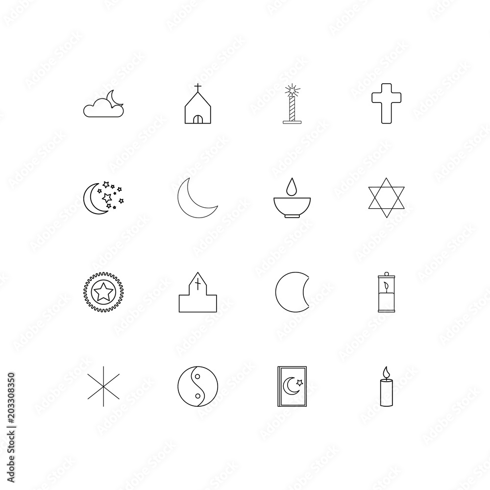 Religion linear thin icons set. Outlined simple vector icons Religion linear thin icons set. Outlined simple vector icons