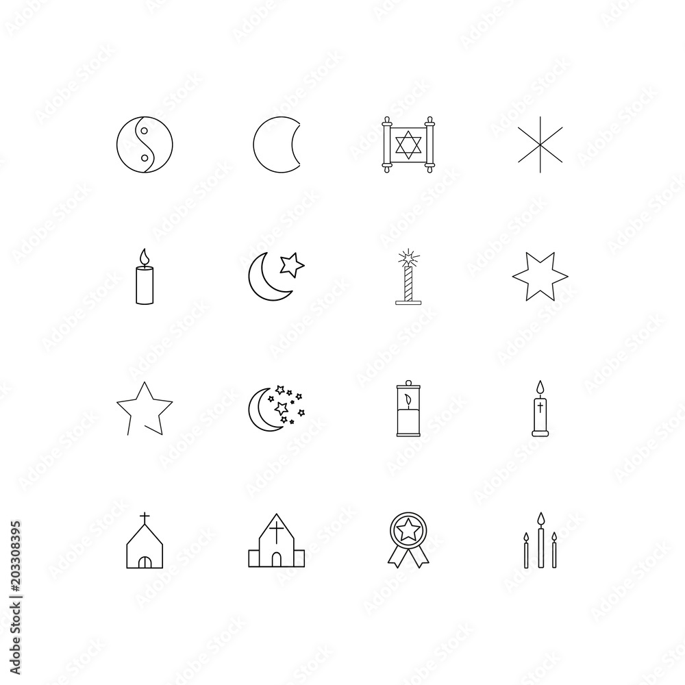 Religion linear thin icons set. Outlined simple vector icons Religion linear thin icons set. Outlined simple vector icons