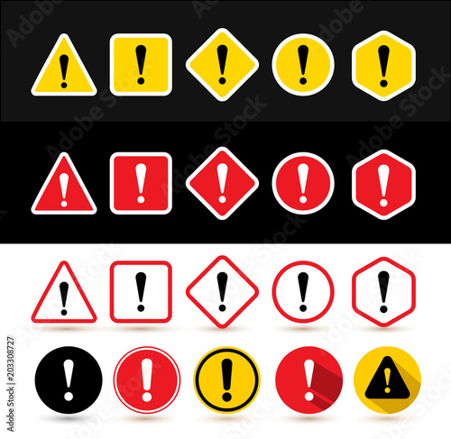Free Download Set of attention signs. Shapes triangle, square, rhombus, circle, hexagon with exclamation point. Design with icon for banner. Danger warning. Vector illustration. Isolated on white background - GFXLoad