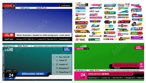 Set of TV news bars. Design News sign, streaming video. Breaking, fake, sport news. Interface sign. Mockup templates ready for your design. Vector illustration. Isolated on a gray background