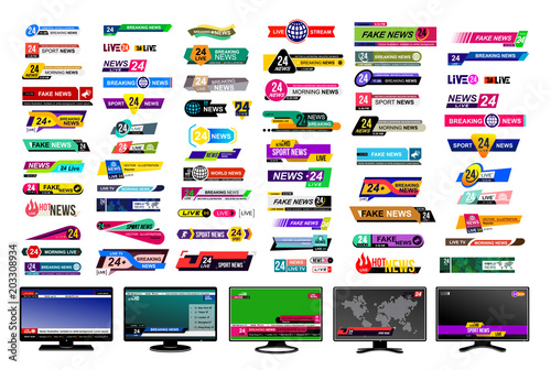 Set of TV news bars. Design News sign, streaming video. Breaking, fake, sport news. Interface sign. Mockup templates ready for your design. Vector illustration. Isolated on a gray background
