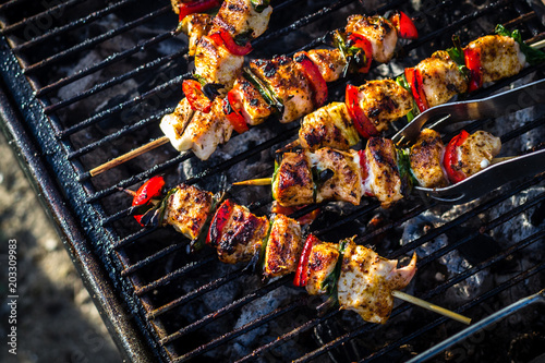 Close up pf delicious chicken breast on wooden skew with fresh vegetables, garlic, paprika fried on mangal barbeque grill