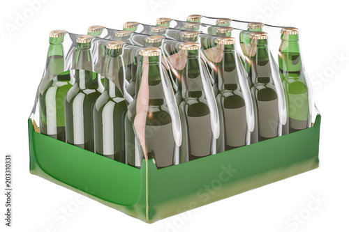 Package of glass drink bottles in shrink film, 3D rendering photo